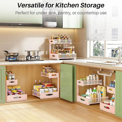 Under Sink Organizer, 2-Pack Pull Out Cabinet Organizer 2 Tier Metal Slide Out Storage Shelf Rack, L-Shaped Adjustable Height,Mesh Sliding Drawer for Kitchen, Bathroom, Laundry, Pantry, White, XL