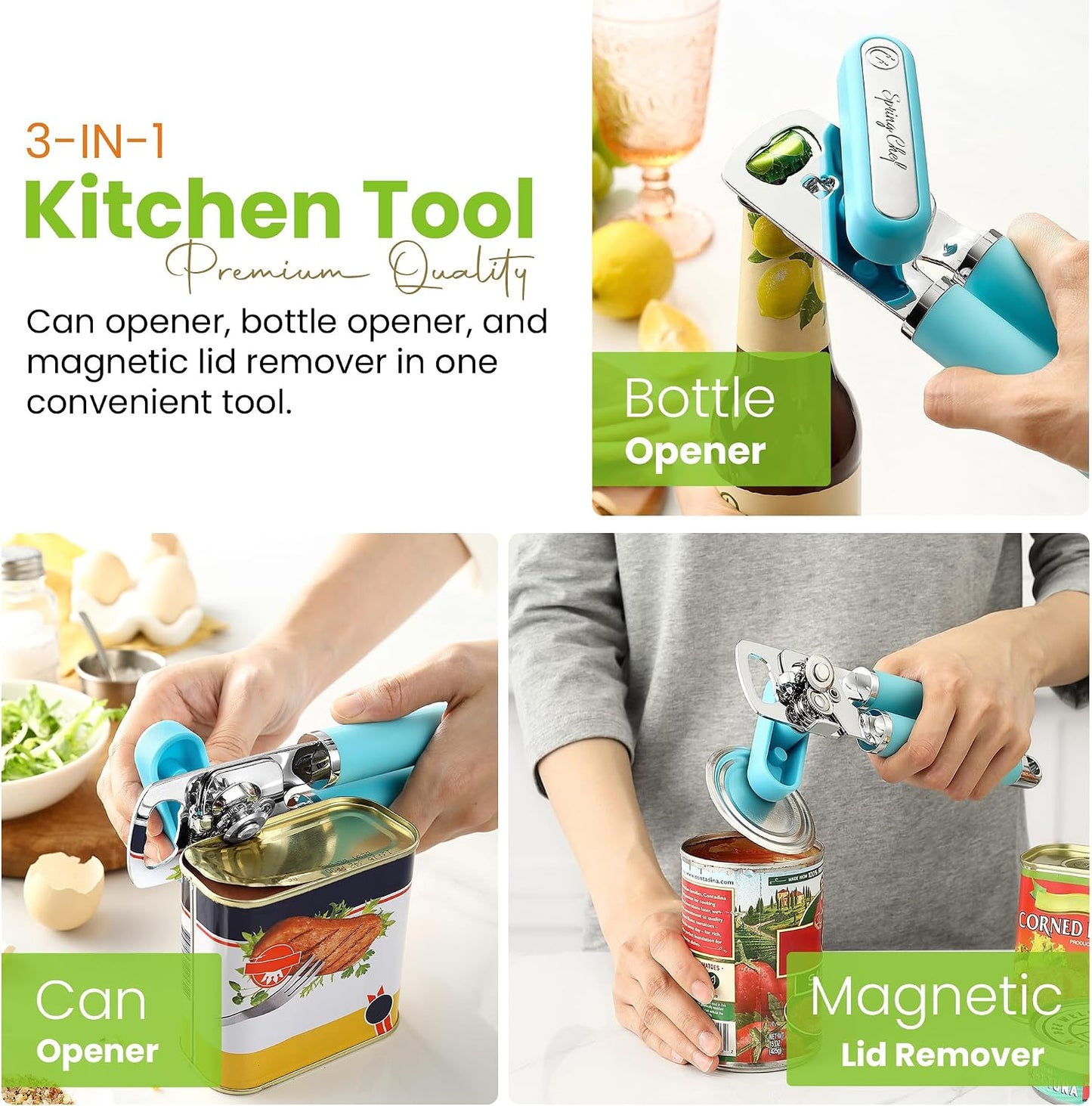 Spring Chef Stainless Steel Manual Can Opener with Soft Grip Handles, Black | Heavy Duty Hand Can Opener for Seniors with Smooth Edge, Easy Turn, 3in1 Can Opener with Magnetic Lid Remover & Bottle Opener