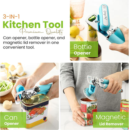 Spring Chef Stainless Steel Manual Can Opener with Soft Grip Handles, Black | Heavy Duty Hand Can Opener for Seniors with Smooth Edge, Easy Turn, 3in1 Can Opener with Magnetic Lid Remover & Bottle Opener
