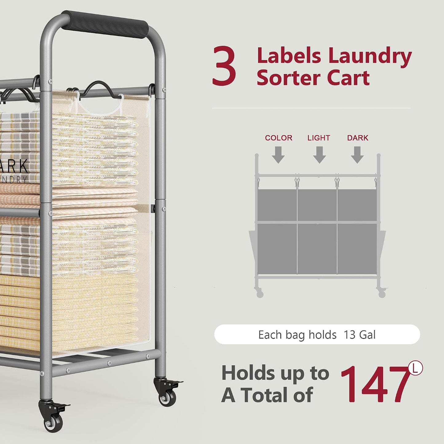 2 Bag Laundry Sorter Cart, Black & Grey | 50lbs Large Capacity, Removable Laundry Bags, Heavy Duty Lockable Rolling Wheels, Laundry Hamper Basket for Clothes Storage