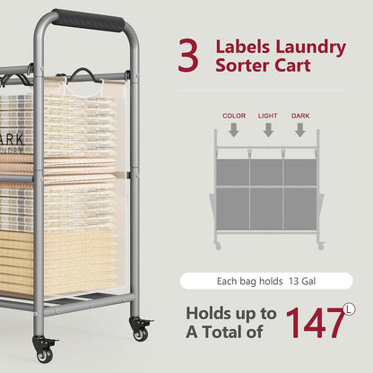 2 Bag Laundry Sorter Cart, Black & Grey | 50lbs Large Capacity, Removable Laundry Bags, Heavy Duty Lockable Rolling Wheels, Laundry Hamper Basket for Clothes Storage