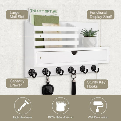 Key Holder Wall Mount, Mail Holder with Storage Drawer | Key and Mail Holder with 5 Key Hooks for Coat, Dog Leash, Home Decor Rack, House Accessories, Entry Way Organizer