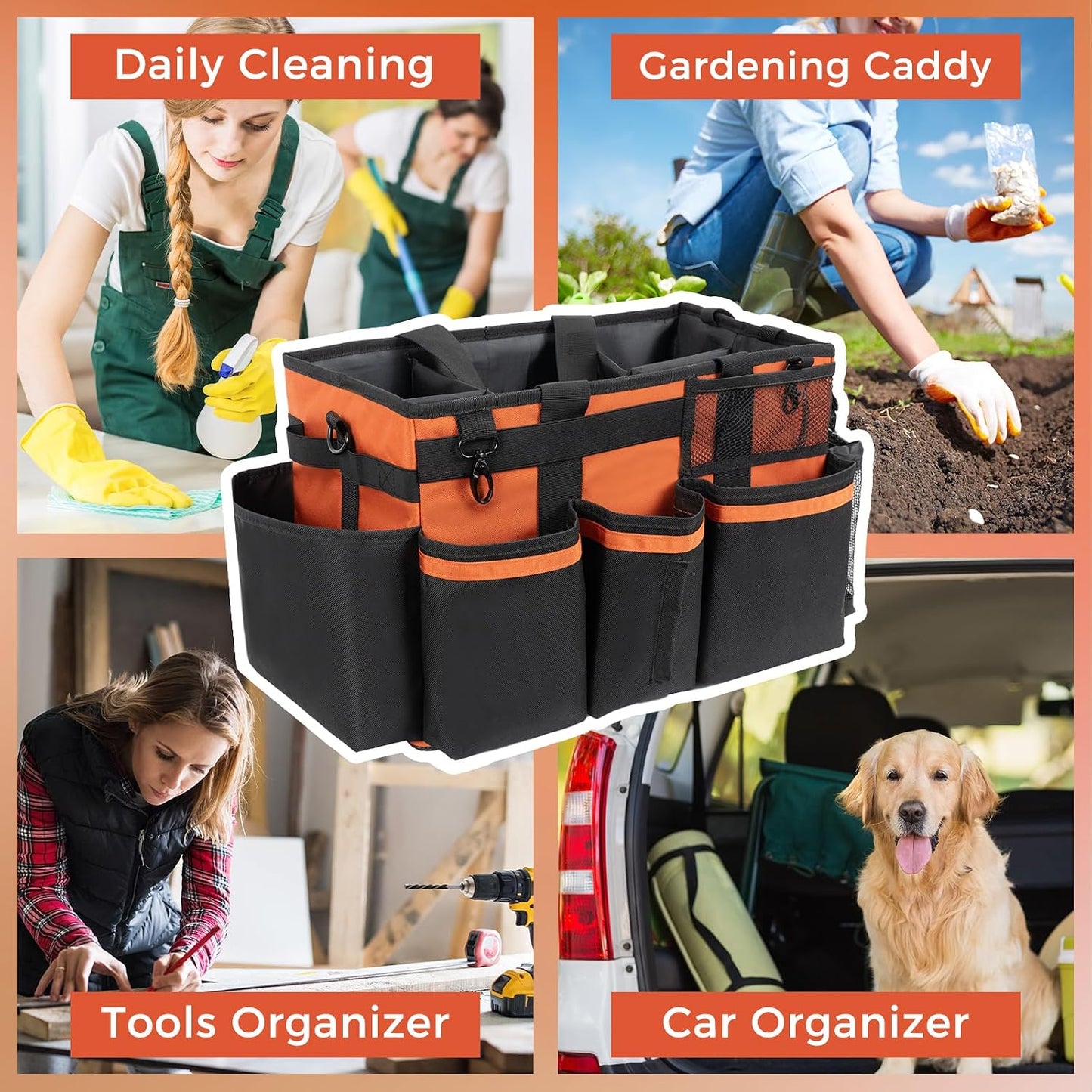 SCAVATA Wearable Cleaning Caddy, Cleaning Caddy Supplies Organizer with Handle & Shoulder Straps for Housekeepers, Under Sink & Car Cleaning Tool Organizers Bag with 4 Foldable Divider (NavyBlue)