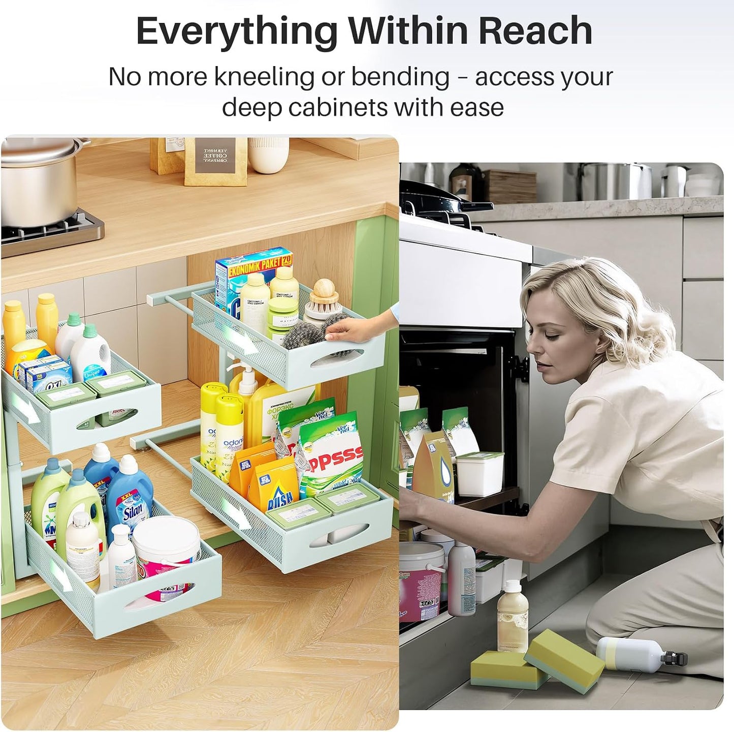 Under Sink Organizer, 2 Tier Pull out Cabinet Organizer Baskets with Mesh Sliding Drawers, Slide out Storage Shelf for Home, Kitchen, Bathroom, Pantry, Office Cabinet, Countertop(1 Pack)