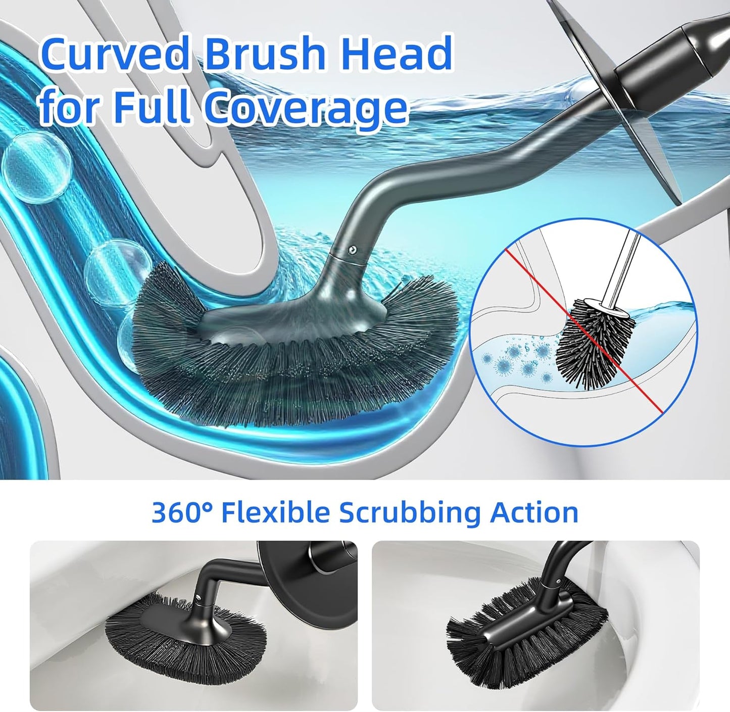 Toilet Brush and Holder Set with Pumice Stone Toilet Bowl Cleaner | Long-handle Scrubber with Ventilated Holder and Pumice Stone for Hard Water Stains, Limescale and Toilet Rings