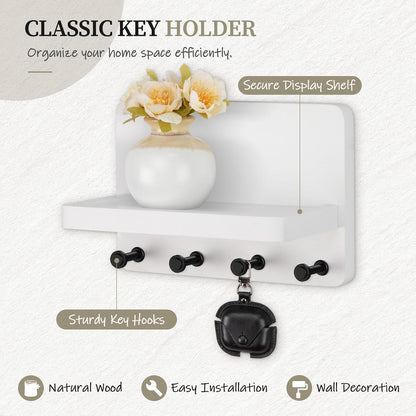 Nekon Key Holder for Wall with Shelf, Pine Wooden Key Hanger, Black | Small Wall Mounted Key Holder with 4 Hooks, Farmhouse Wall Organizer for Home Entryway & Apartment
