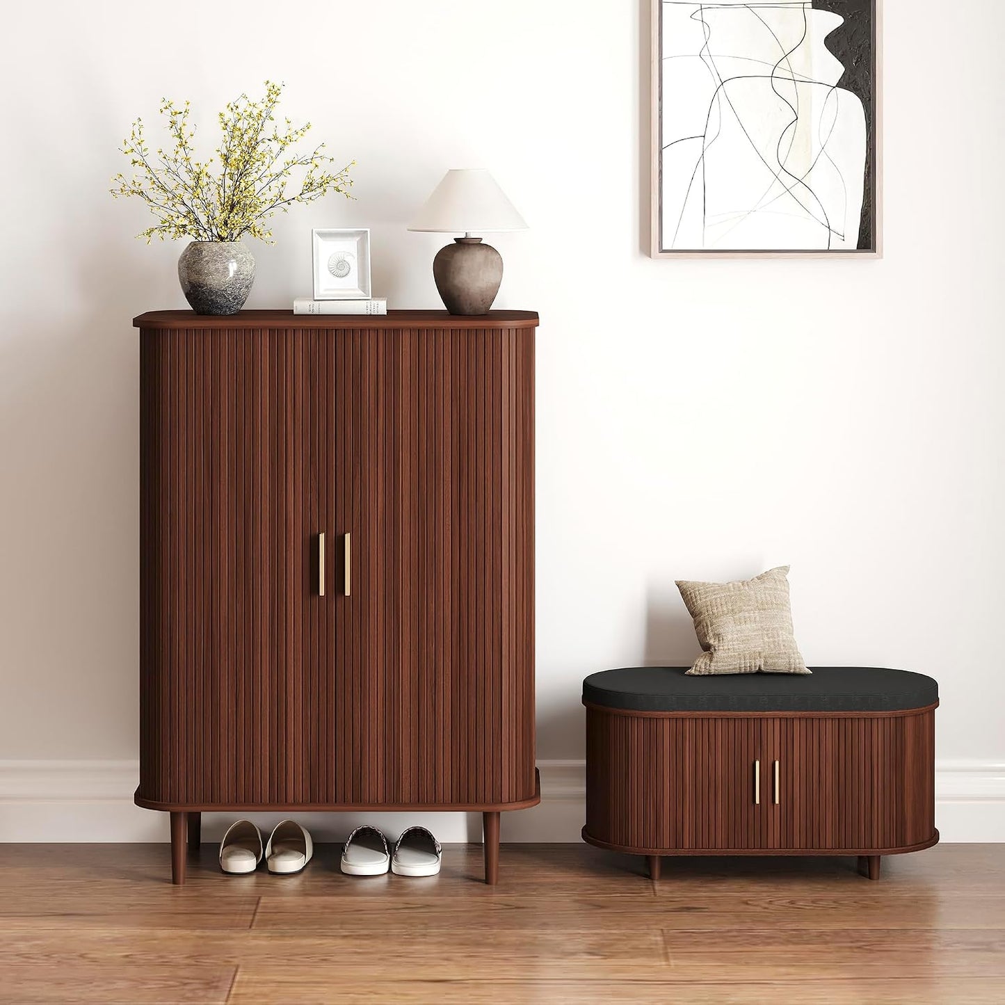 DHH Shoe Storage Cabinet with Sliding Door, 6-Tier Shoe Cabinet with Adjustable Shelves, Modern Freestanding Shoe Storage Organizer for Entryway, Hallway, Living Room (Walnut, 47 ")