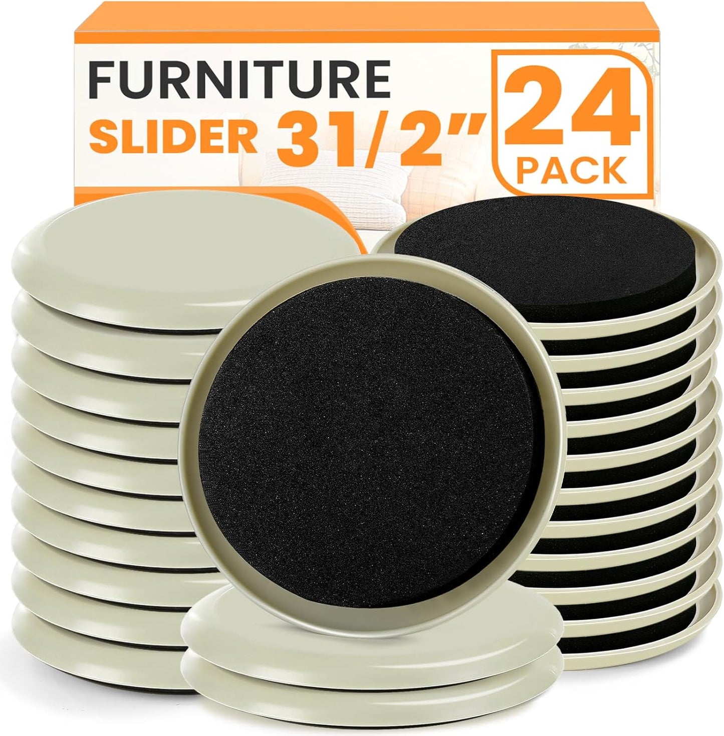 Furniture Sliders for Carpet 24PCS, 3 1/2" | Heavy Duty Furniture Movers Pads, Sliders for Furniture on Carpet, Reusable Furniture Moving Sliders for Easy Glide