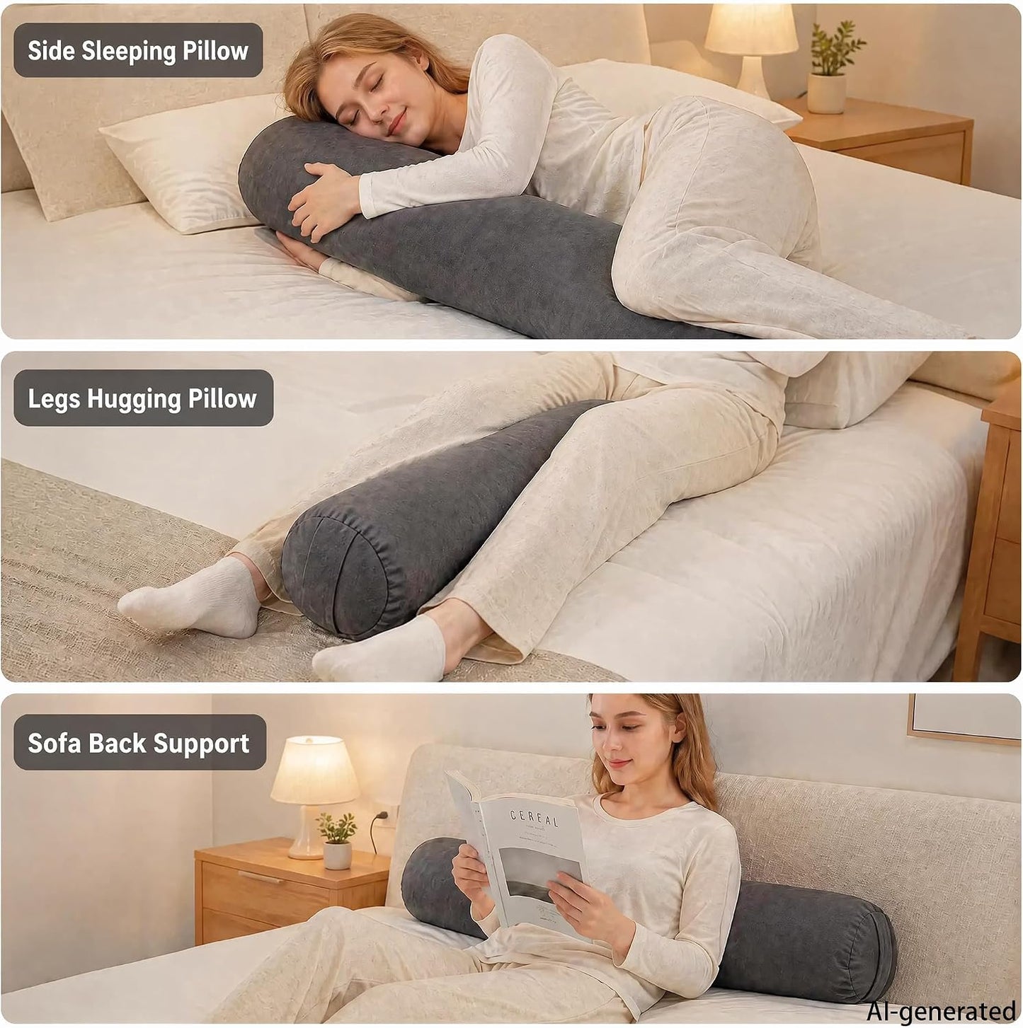 SAMTY Bolster Pillow for Adults, Long Round Body Pillow for Bed, 76x7.87 | Beige, Velvet Lumbar Pillow, Soft Cylindrical Body Pillow, Hidden Zipper And Carry Handle for Sleeping, Reading Relaxing