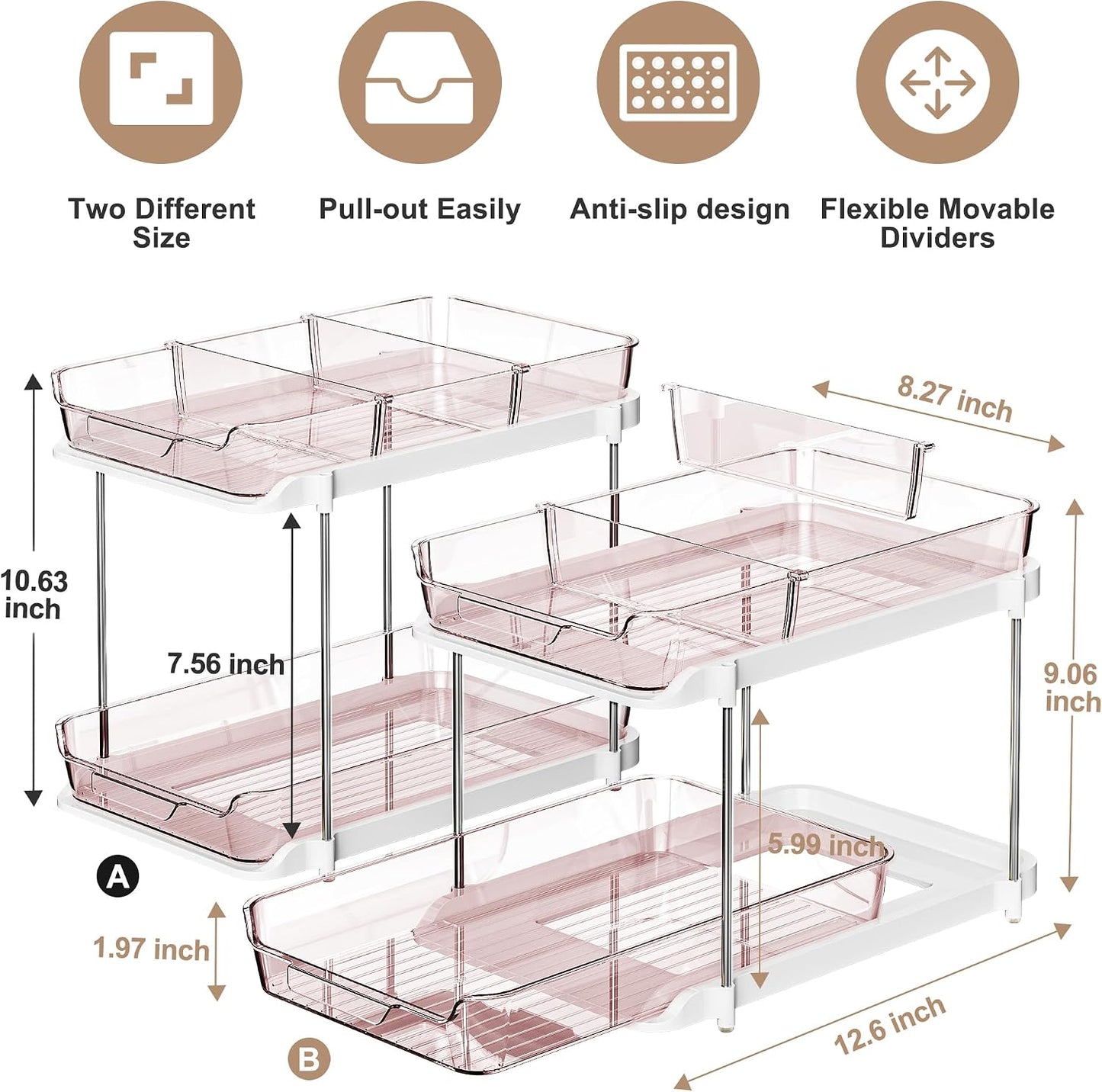 Delamu 2-Tier Multi-Purpose Bathroom Under Sink Organizers and Storage, Stackable Kitchen Pantry Organization, Pull Out Medicine Cabinet Organizer with Movable Dividers, White, 2 Pack