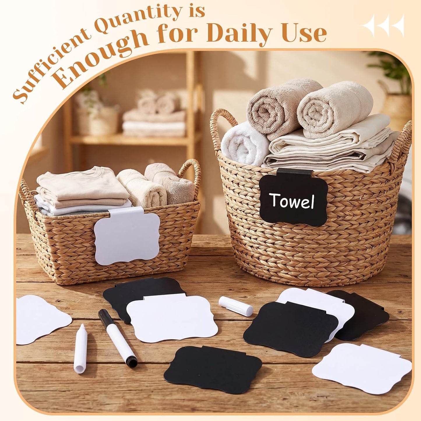 50 Pcs Black Basket Labels Clip on for Storage Bins, Removable PVC Bin Clip Labels with 4 Chalk Markers for Basket Pantry Cubes Organization Container