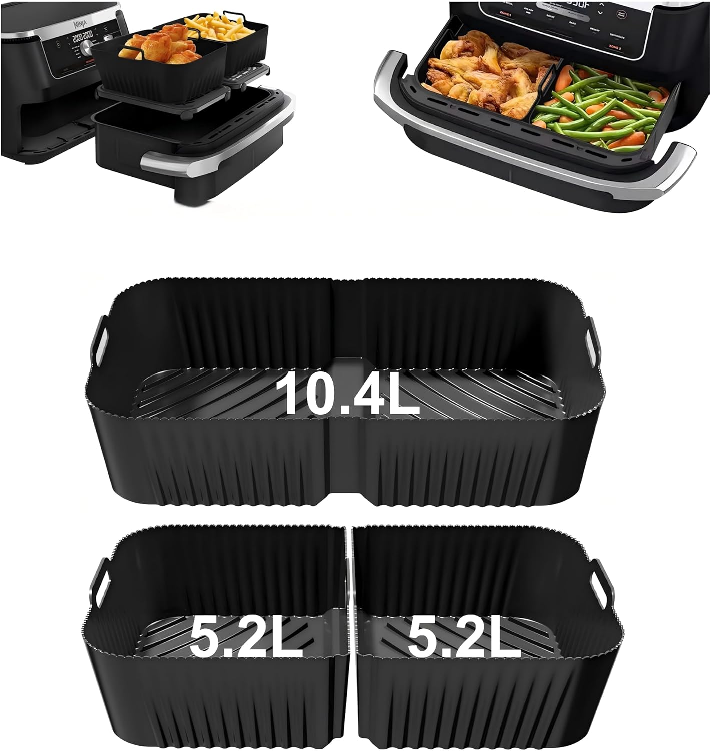 Szyeequoo Silicone Air Fryer Liners 2 Pack for Ninja Dual Zone, 1 Perforated and 1 Solid, Rectangle Reusable Liners for DZ201 DZ401 DZ550 DZ302, COSORI 9QT Instant Chefman Dual Basket Air Fryers