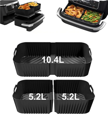 Szyeequoo Silicone Air Fryer Liners 2 Pack for Ninja Dual Zone, 1 Perforated and 1 Solid, Rectangle Reusable Liners for DZ201 DZ401 DZ550 DZ302, COSORI 9QT Instant Chefman Dual Basket Air Fryers