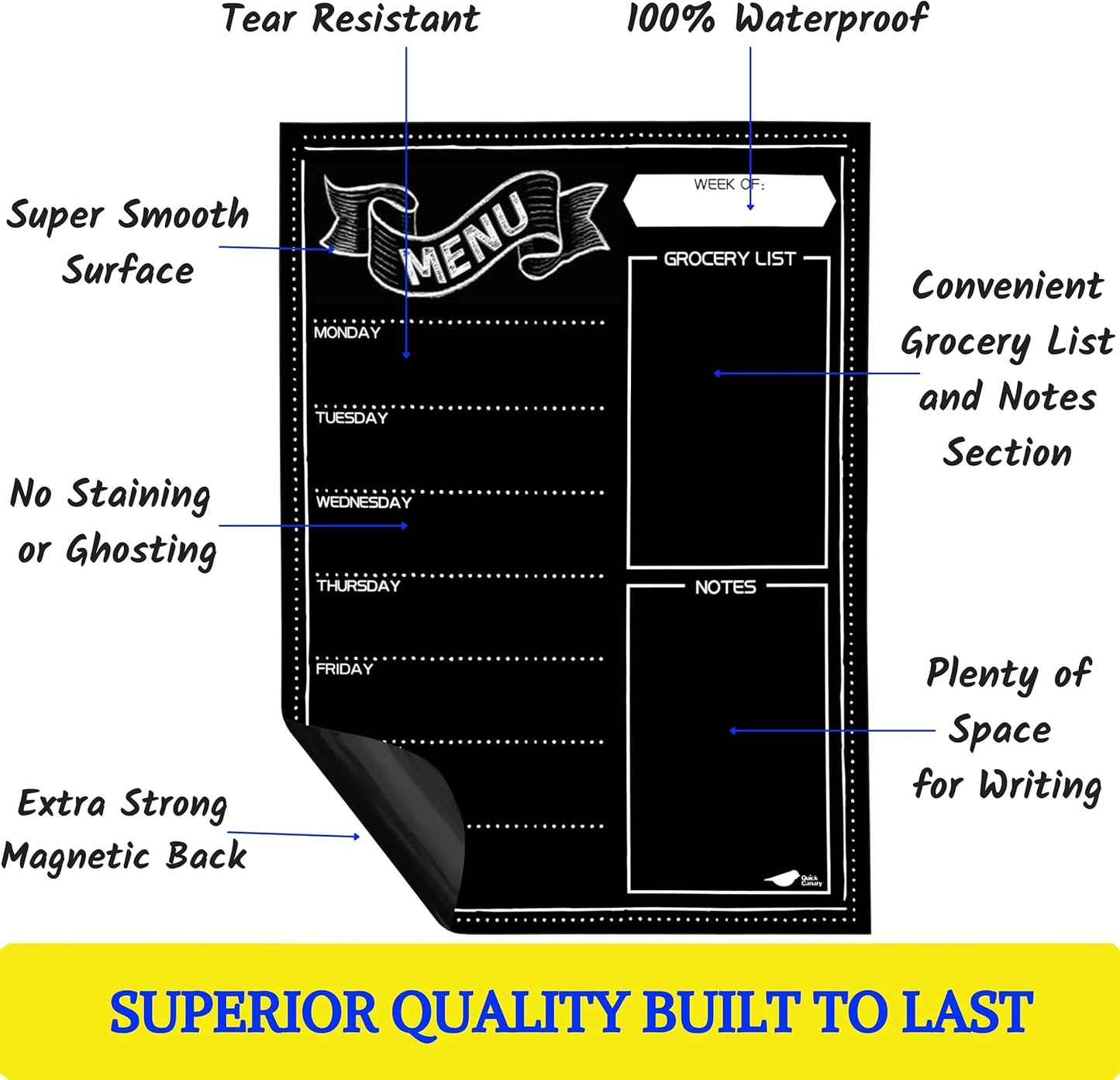White Magnetic Dry Erase Weekly Menu Board for the Fridge | Weekly meal and dinner planner, 7-day grid, grocery and to-do lists, 12x16 inches, fits standard fridge, 3 markers, eraser