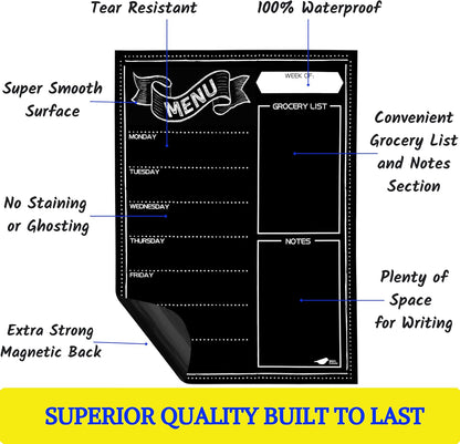 White Magnetic Dry Erase Weekly Menu Board for the Fridge | Weekly meal and dinner planner, 7-day grid, grocery and to-do lists, 12x16 inches, fits standard fridge, 3 markers, eraser