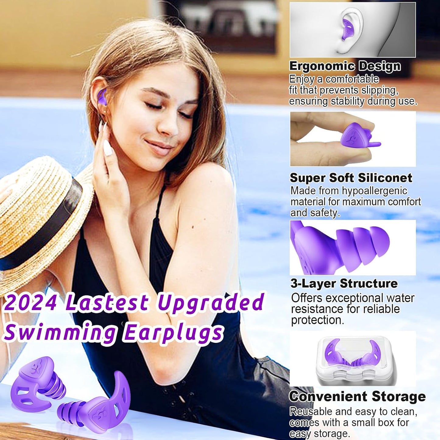 Waterproof Swimming Ear Plugs for Adults Kids, 3 Pairs Reusable Silicone | Reusable swim earplugs for pools, surfing, diving, showering and water sports, Keep Water Out and Ear Protection