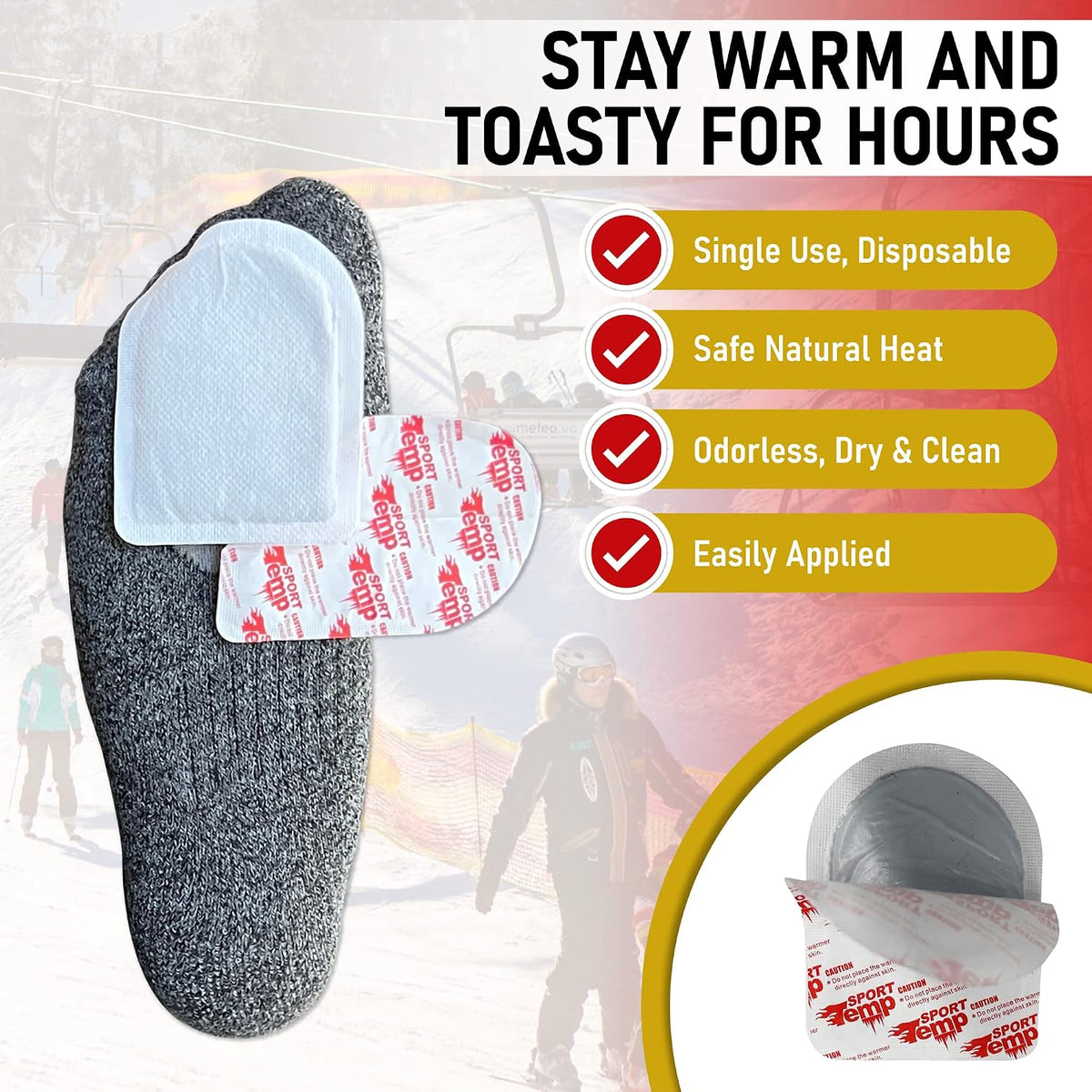 Toe Warmers - Up to 10 Hours of Heat, Easily Apply with Adhesive - Ultra Thin, Easy, All Natural - Air Activated, Odorless Hot Toe Warmers - Sport Temp
