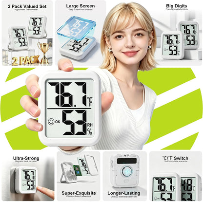 2 Pack Room Thermometer Indoor Hygrometer | Monitor Temperature & Humidity, Accurate, Fast Read, Easy To View, Magnetic/Kickstand/Hanging, ℉/℃, w/ Battery, Compact