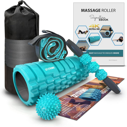 5-in-1 Massage Set, Complete Mobility Kit for Workout Recovery | Deep Tissue Roller for Legs, Spikey Foot Ball, Hamstring Stretch Strap, Quad Roller Stick, Carry Bag