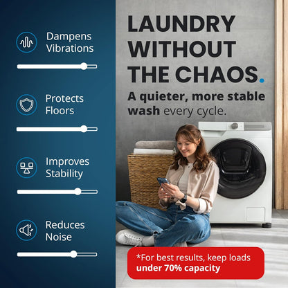 Anti Vibration Pads for Washing Machine with Tank Tread Grip - 4 Pack + Level - Fits Most Round Feet up to 1.75” - Stops Washer Dryer from Moving - Rubber Antivibration Stabilizer for Leveling Washer
