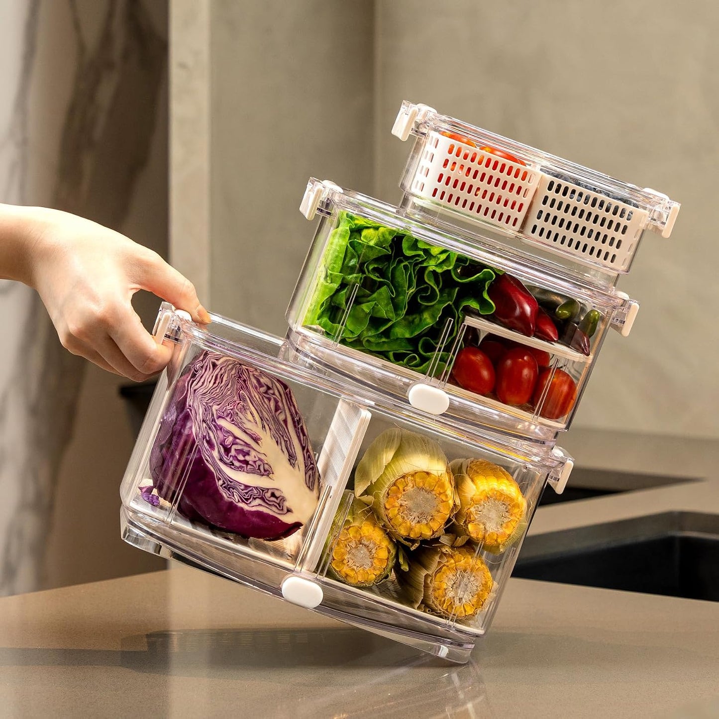 Felli Duo Fresh Produce Saver for Fridge, Fruit Vegetable Container with Vent & Drainage in Bottom for Wash, Colander Strainer Storage Bin for Refrigerator, Berry Lettuce Keeper