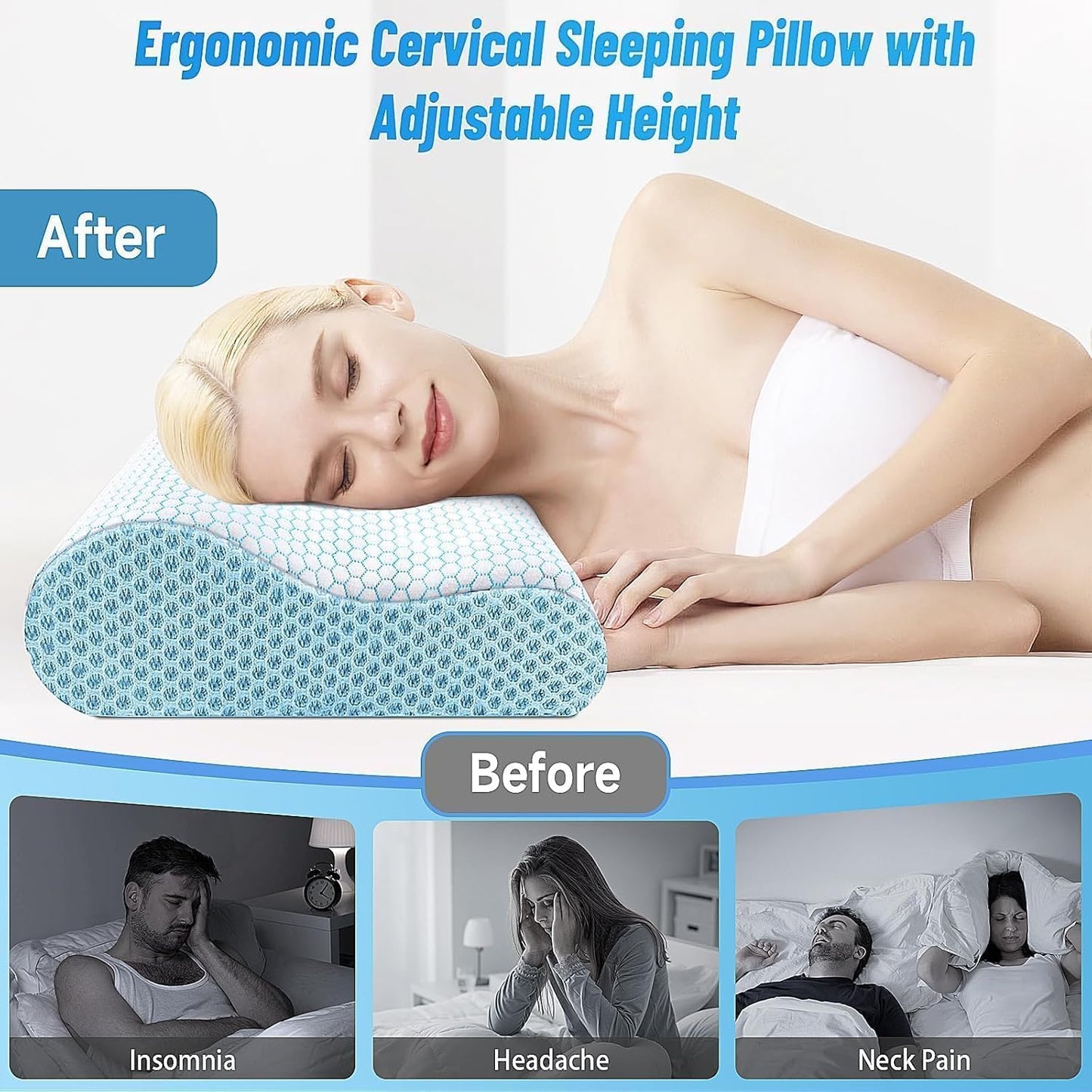 Neck Pillow for Sleeping, Ergonomic Cervical Bed Pillow, Blue Standard Size | Memory Foam Bed Pillow for Side Back Stomach Sleepers, Contour Fit Neck Pillow for Sleeping and Neck Pain Relief