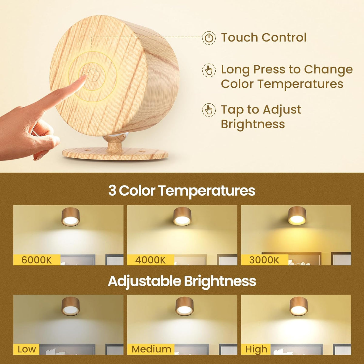 Wall Mounted Lamp, Battery Operated Wall Lights, Wood