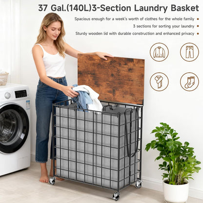 90L Laundry Basket with Wheels, Large Capacity Laundry Hamper with Removable Liner Bags, Heavy Duty Laundry Sorter with Solid Wood Lid & Leather Handles, Grey