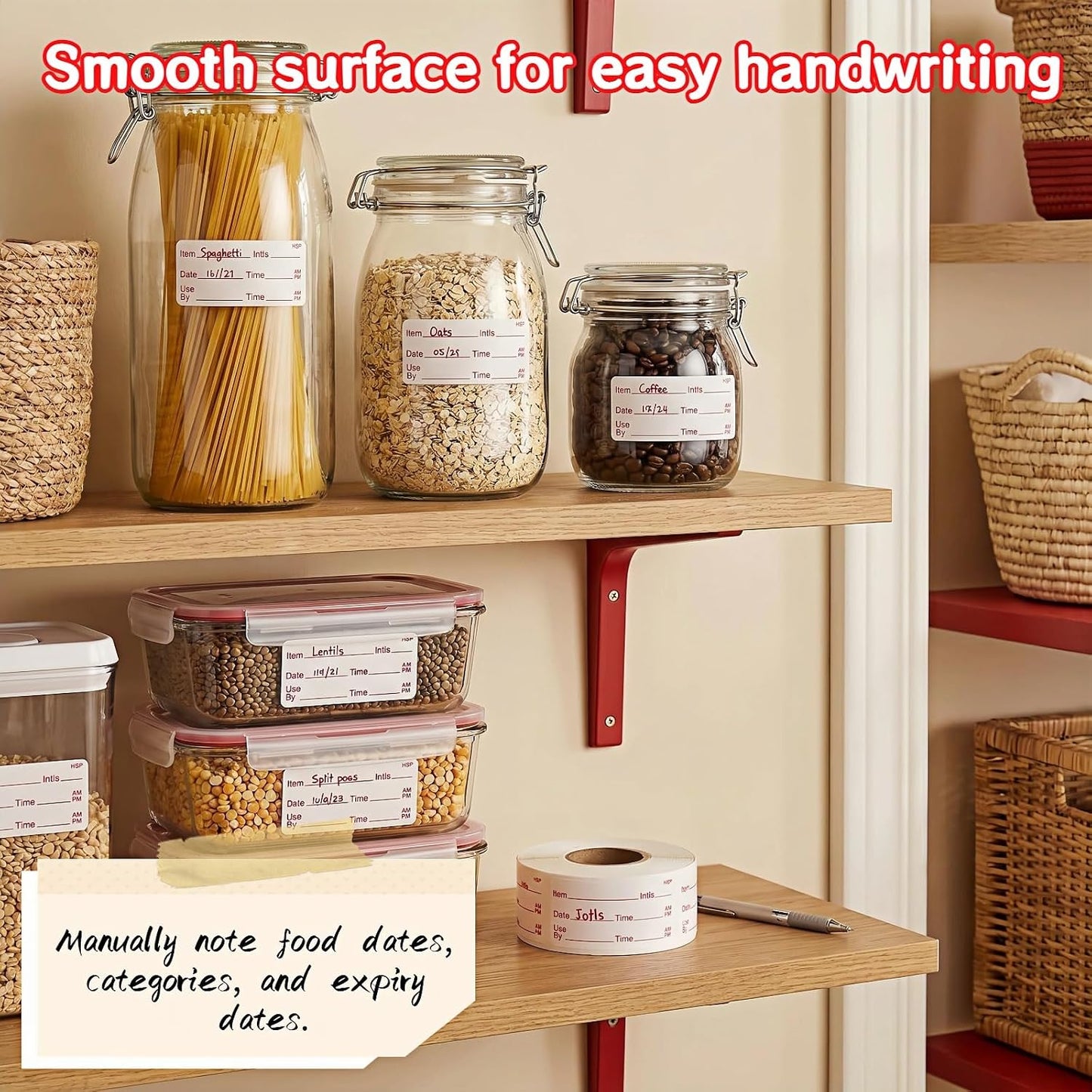 Food Storage Labels, 500 Per Roll, 1.97x0.98 Inch, Waterproof and Oil-Proof, Writable Date Stickers for Kitchen, Restaurant, Freezer Containers