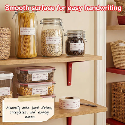 Food Storage Labels, 500 Per Roll, 1.97x0.98 Inch, Waterproof and Oil-Proof, Writable Date Stickers for Kitchen, Restaurant, Freezer Containers