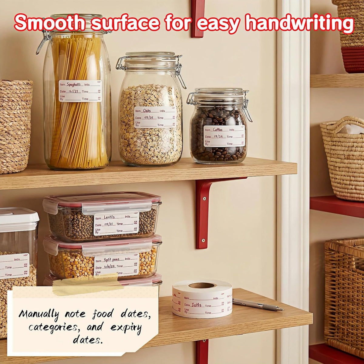 Food Storage Labels, 500 Per Roll, 1.97x0.98 Inch, Waterproof and Oil-Proof, Writable Date Stickers for Kitchen, Restaurant, Freezer Containers
