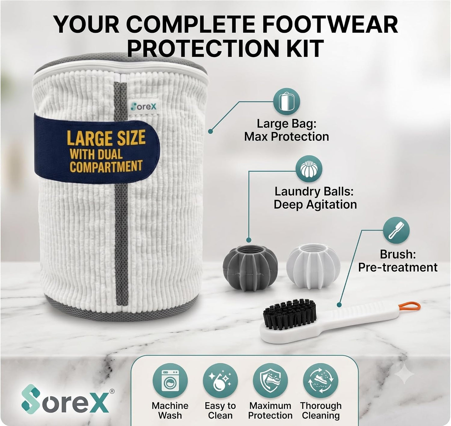 Shoe Washing Machine Bag with Zippered Pocket | Durable Mesh Sneaker Laundry Bag with 2 Laundry Balls & Shoe Washing Brush, Heavy Duty Zipper, No Color Transfer (White)