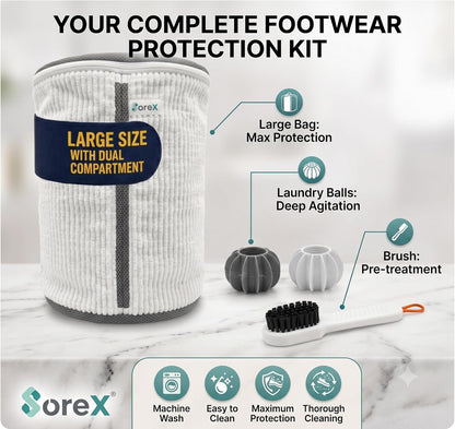 Shoe Washing Machine Bag with Zippered Pocket | Durable Mesh Sneaker Laundry Bag with 2 Laundry Balls & Shoe Washing Brush, Heavy Duty Zipper, No Color Transfer (White)