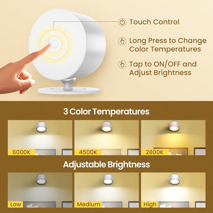 Wall Mounted Lamp, Rechargeable Battery Operated Wall Lights, Wood-2 Pack | Rechargeble Renter Friendly, 3 Color Temperatures & 3 Brightness Levels 360°Rotate Magnetic Ball, Sconces for Reading Bedroom