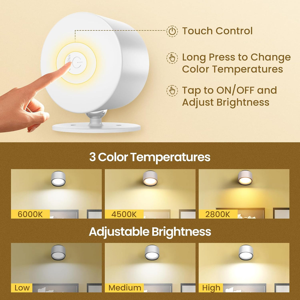 Wall Mounted Lamp, Battery Operated Wall Lights, White, 2 Pack