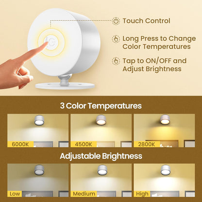 Wall Mounted Lamp, Battery Operated Wall Lights, White, 2 Pack