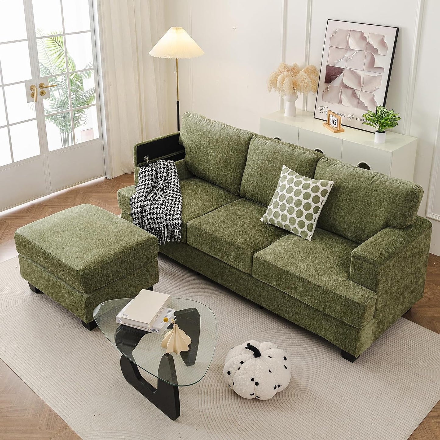 85'' L Shaped Couch with Armrest Organizer,Sectional,Movable Ottoman,Khaki | Comfy Sectional Sofa with Thick Cushion,3 Seats Sofas,Sectional Couches for Living Room,Bedroom,Apartment,Chenille