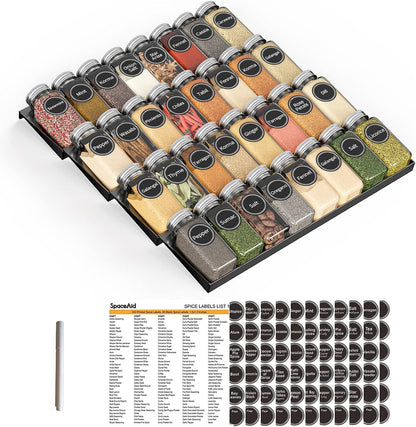 SpaceAid Spice Drawer Organizer with 28 Spice Jars, 386 Spice Labels, 4 Tier Seasoning Rack Tray Insert for Kitchen Drawers, 13" Wide x 17.5" Deep