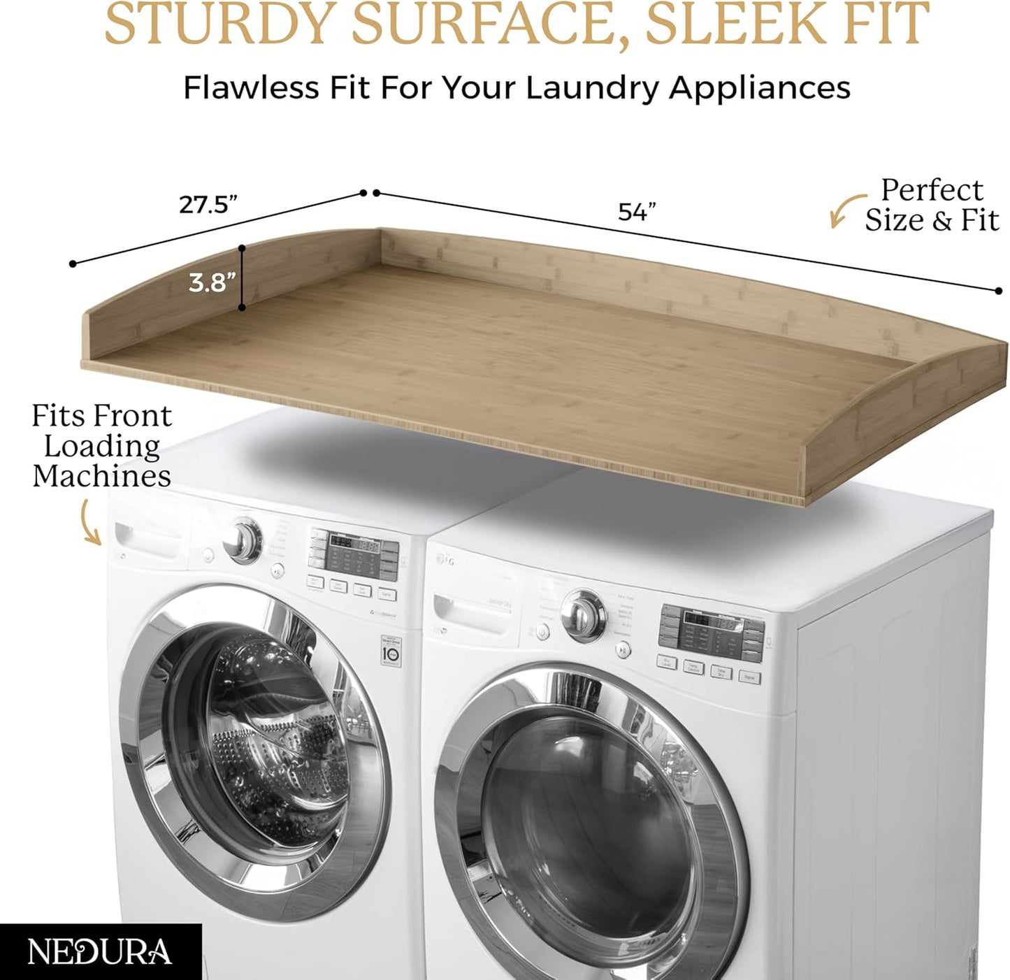 Nedura Washer Dryer Countertop with Anti-Vibration Pads, Curved Edge Rails, Premium Bamboo Laundry Countertop, Washer Dryer Topper, Laundry Room Organization, Laundry Room Accessory – Dark Walnut