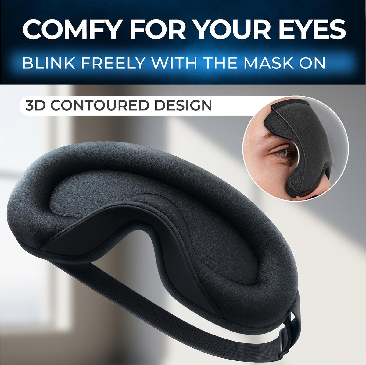 Peace&Quiet | PQ Sleep Mask for Side Sleepers - 3D Contoured Light Blocking Sleeping Mask for Women and Men, Lightweight & Soft Eye Shade Cover for Deep Rest, Premium Quality (Black)