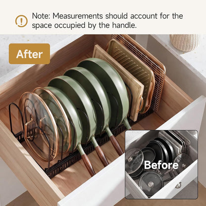 MUDEELA Pot Lid Organizer for Cabinet, Adjustable Baking Pan Rack 7 Slots | 7 Adjustable Divider, Tool-Free Assembly,Non-Slip, Scratch-Proof, Sturdy Metal Frame, For Pan Lid Cutting Board Bakeware