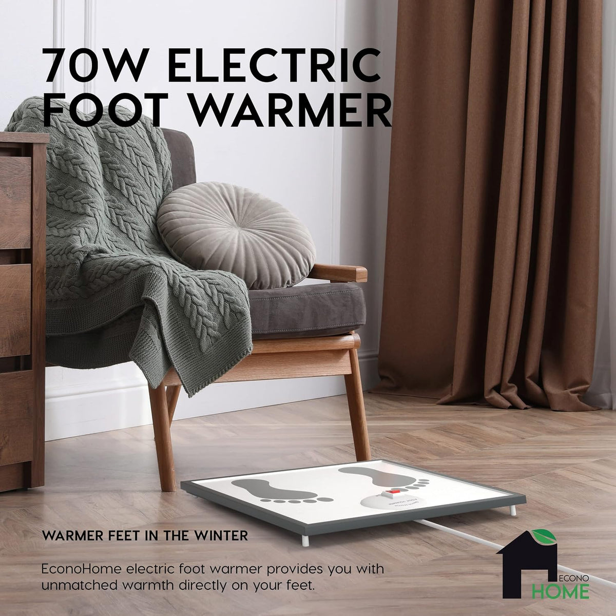 EconoHome Electric Foot Warmer - Foot Heater for Under the Desk, Office or Bedroom - Energy Efficient - Exclusive Overheat Protection Feet Warmer (70 Watts)