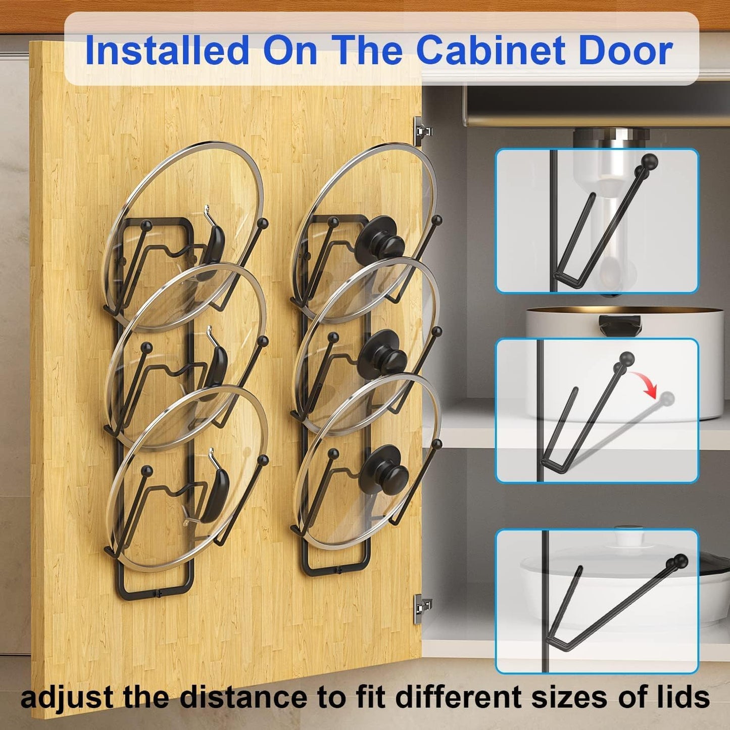 2 Pack Pot Lid Organizer for Cabinet, 2 in 1 Wall Mount & Adhesive Pot Lid Holder Rack for Kitchen Storage 6 Tier Pan Lid Organizer for Easy & Tidy Kitchen Organization