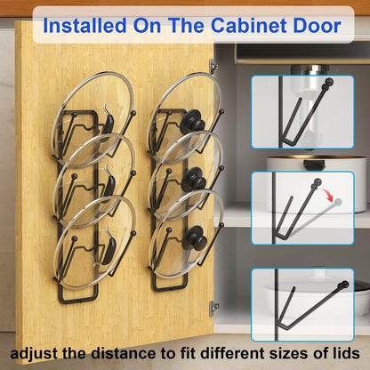 2 Pack Pot Lid Organizer for Cabinet, 2 in 1 Wall Mount & Adhesive Pot Lid Holder Rack for Kitchen Storage 6 Tier Pan Lid Organizer for Easy & Tidy Kitchen Organization