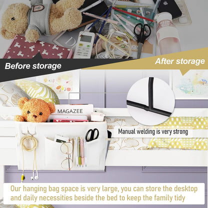 Bedside Caddy Organizer Hanging Storage Bag Bunk Bed White | Bed Caddy with Magazine Water Bottle Phone Holder for College Dorm and Hospital Beds