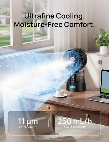 DREO TurboCool Misting Fan 516, 5℉ Drop Cooling Fans that Blow Cold Air | 150°+30° Omni-directional Oscillating, Evaporative air cooler, 26 ft/s Wind, Ultrafine Mist, 20dB, 6 Speeds 2 Modes, Grey
