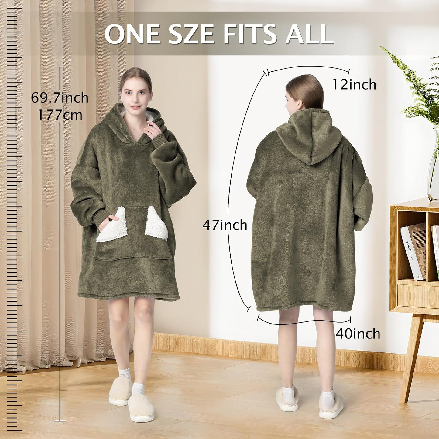 Wearable Blanket Hoodie, Oversized Sherpa Fleece Sweatshirt Blanket with Giant Hood Pocket and Sleeves for Adult, Warm & Cozy Grey Blanket Gifts for Women