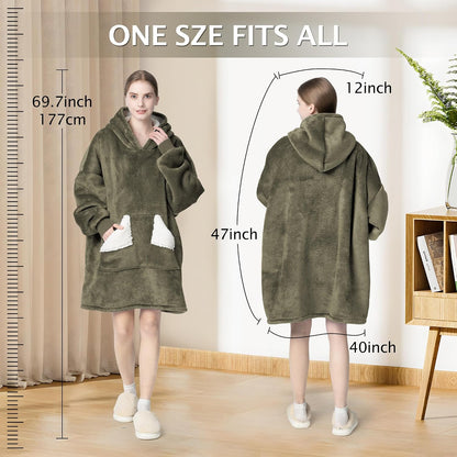 Wearable Blanket Hoodie, Oversized Sherpa Fleece Sweatshirt Blanket with Giant Hood Pocket and Sleeves for Adult, Warm & Cozy Grey Blanket Gifts for Women