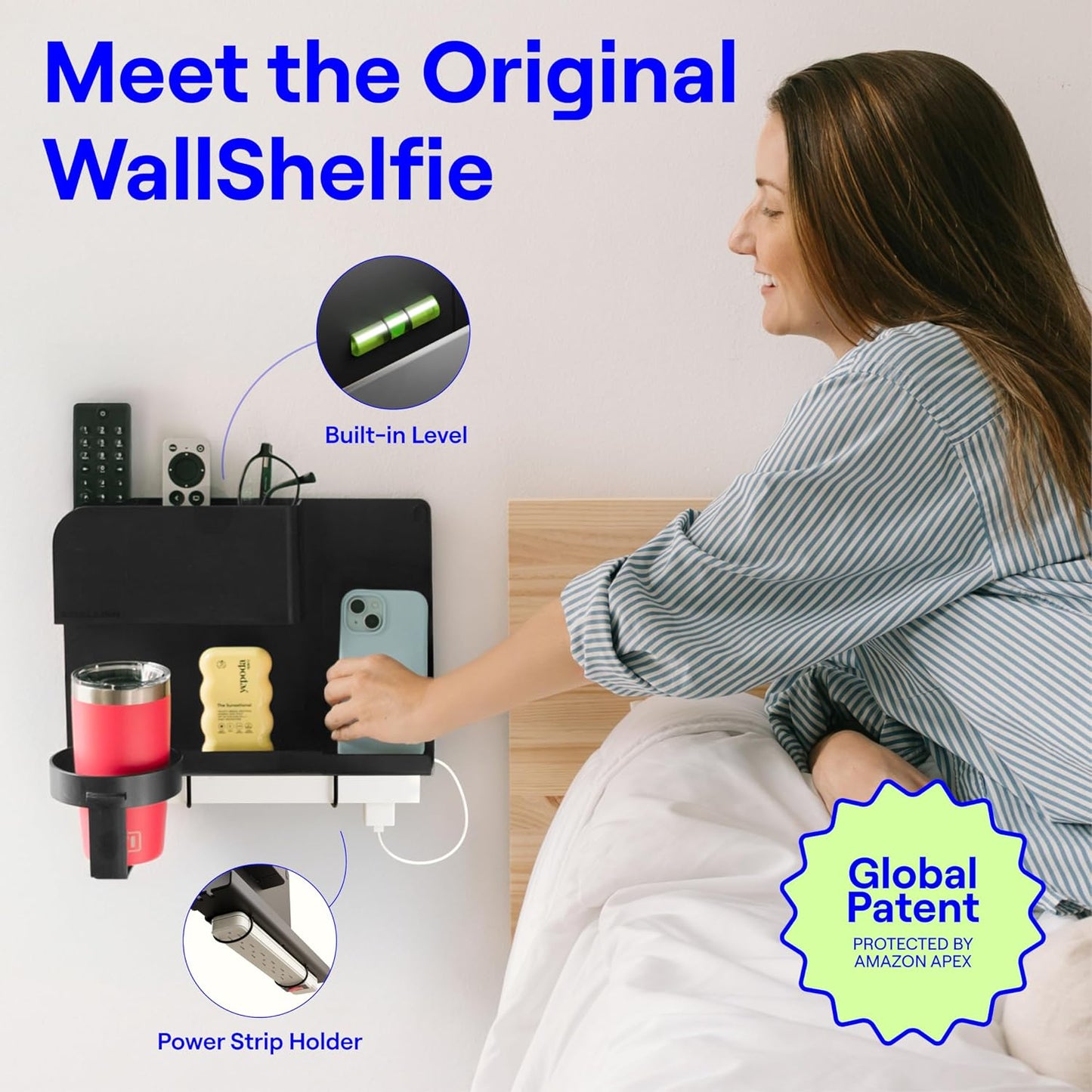 WallShelfie Bedside Wall Organizer & Dorm Decor - Dorm Room Essential, Floating Bedside Shelf Wall Mount Organizer, Remote Control Holder, Cool Teen Girls Trendy Stuff, Room Organization (White)