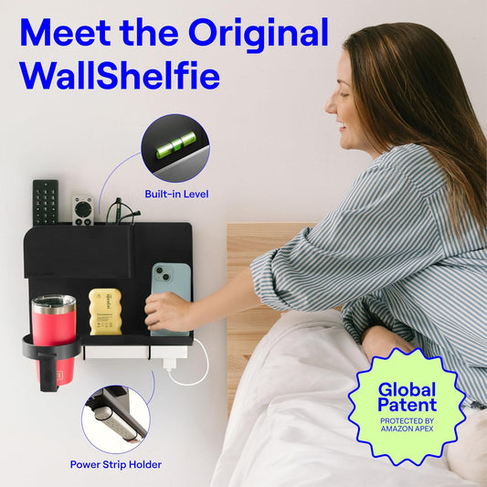 WallShelfie Bedside Wall Organizer & Dorm Decor - Dorm Room Essential, Floating Bedside Shelf Wall Mount Organizer, Remote Control Holder, Cool Teen Girls Trendy Stuff, Room Organization (White)